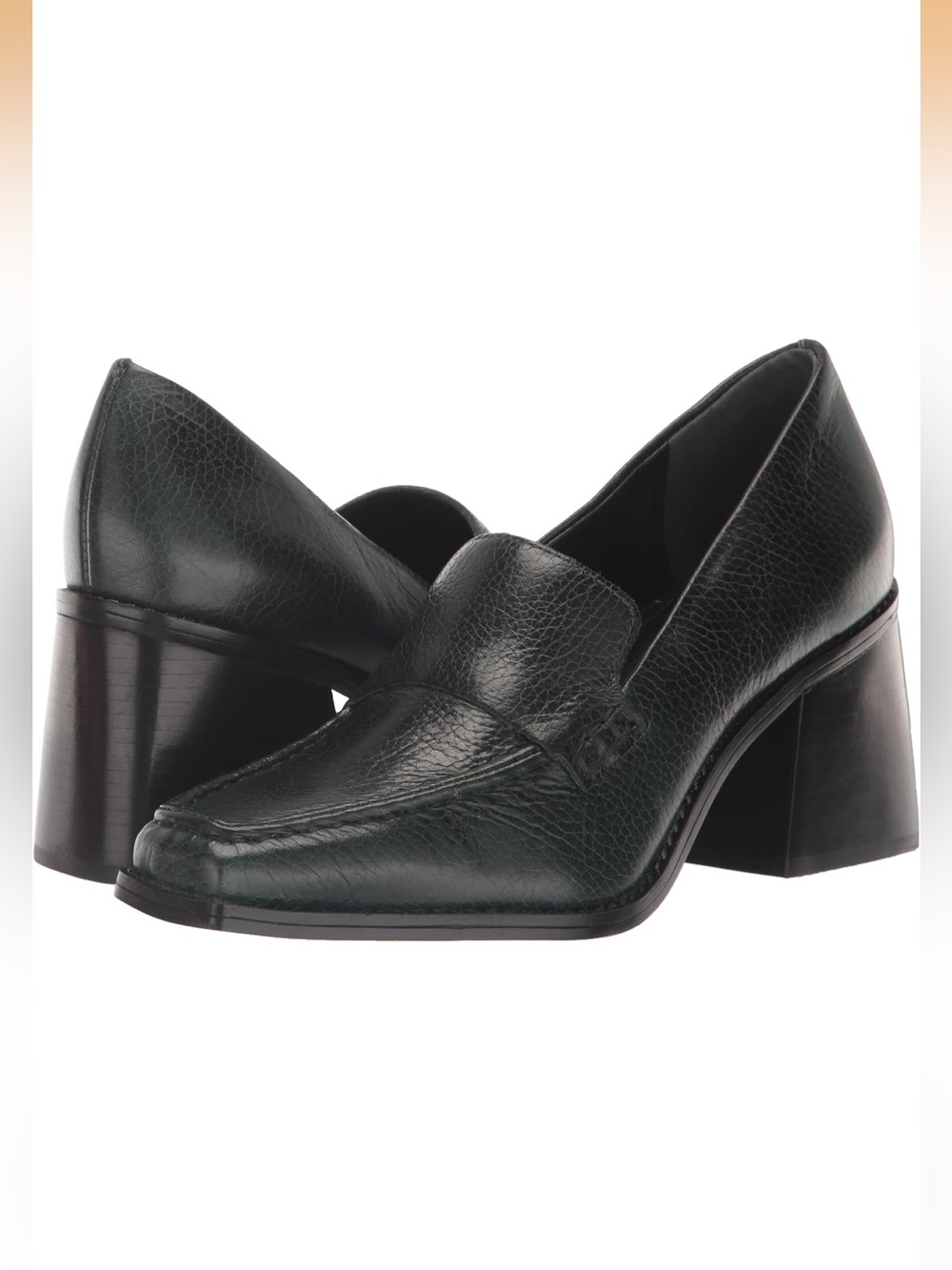 Dark Green Leather Block Heel Loafers